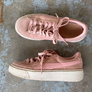 PUMA pink suede platform court sneakers